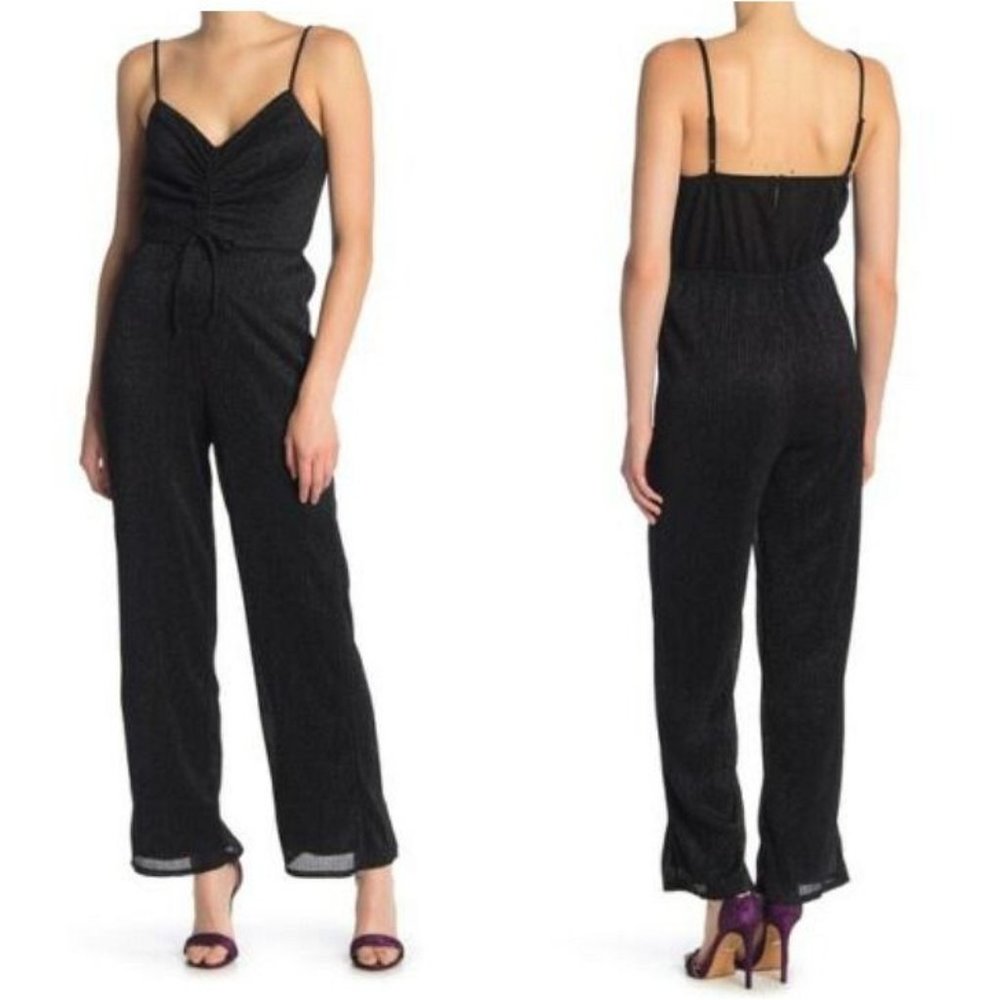 Row A Black Metallic Glitter Jumpsuit Size M Ruched Front Pleated Lined Party
